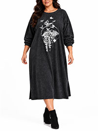BLACK Acid Wash Long Sleeve Graphic Midi Dress - Size 16 to 30