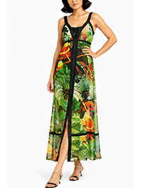Black Trim Tropical Print Maxi Dress - Size 8 to 16 (EU36-to-44)