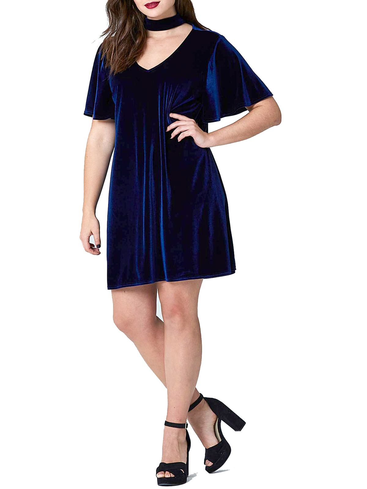 Plus Size wholesale clothing by simply be - - SimplyBe MIDNIGHT-BLUE Choker  Swing Velvet Tunic Dress - Plus Size 18 to 32