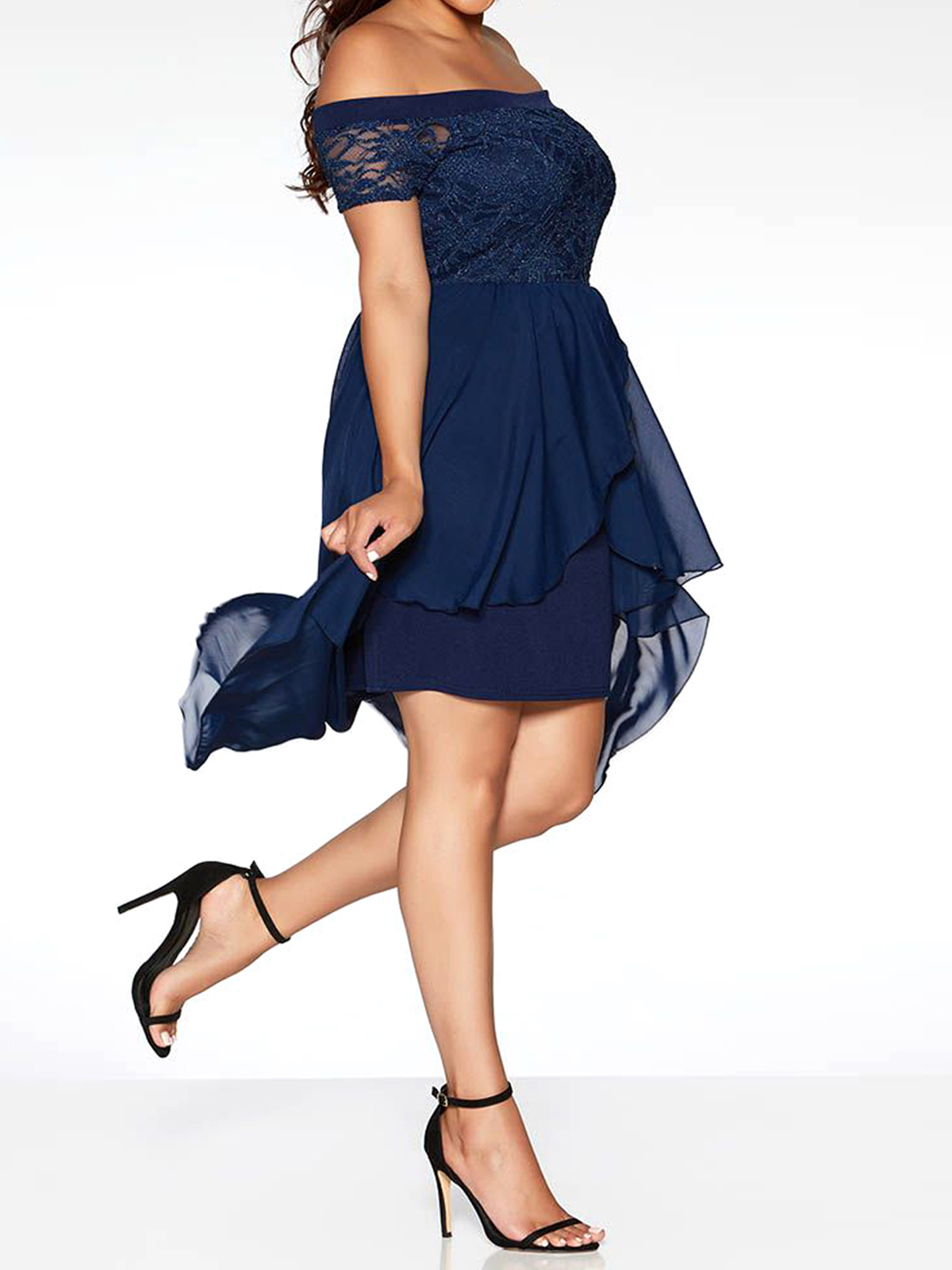 Quiz - - Quiz NAVY Curve Glitter Lace Bodice Extreme Hem Dress - Plus Size  18 to 26