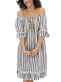 CHAMBRAY Stripe Frill Sleeve On/Off Shoulder Bardot Dress - Size 10 to 32