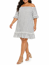 CHAMBRAY Stripe Frill Sleeve On/Off Shoulder Bardot Dress - Size 10 to 32