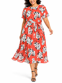 RED Floral Print Tie Belt Midi Dress - Plus Size 24 to 32
