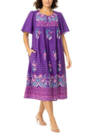 PURPLE Plum Burst Boho Border Mixed Print Short Lounge Dress- Plus Size 16/18 to 36/38 (US M to 4X)