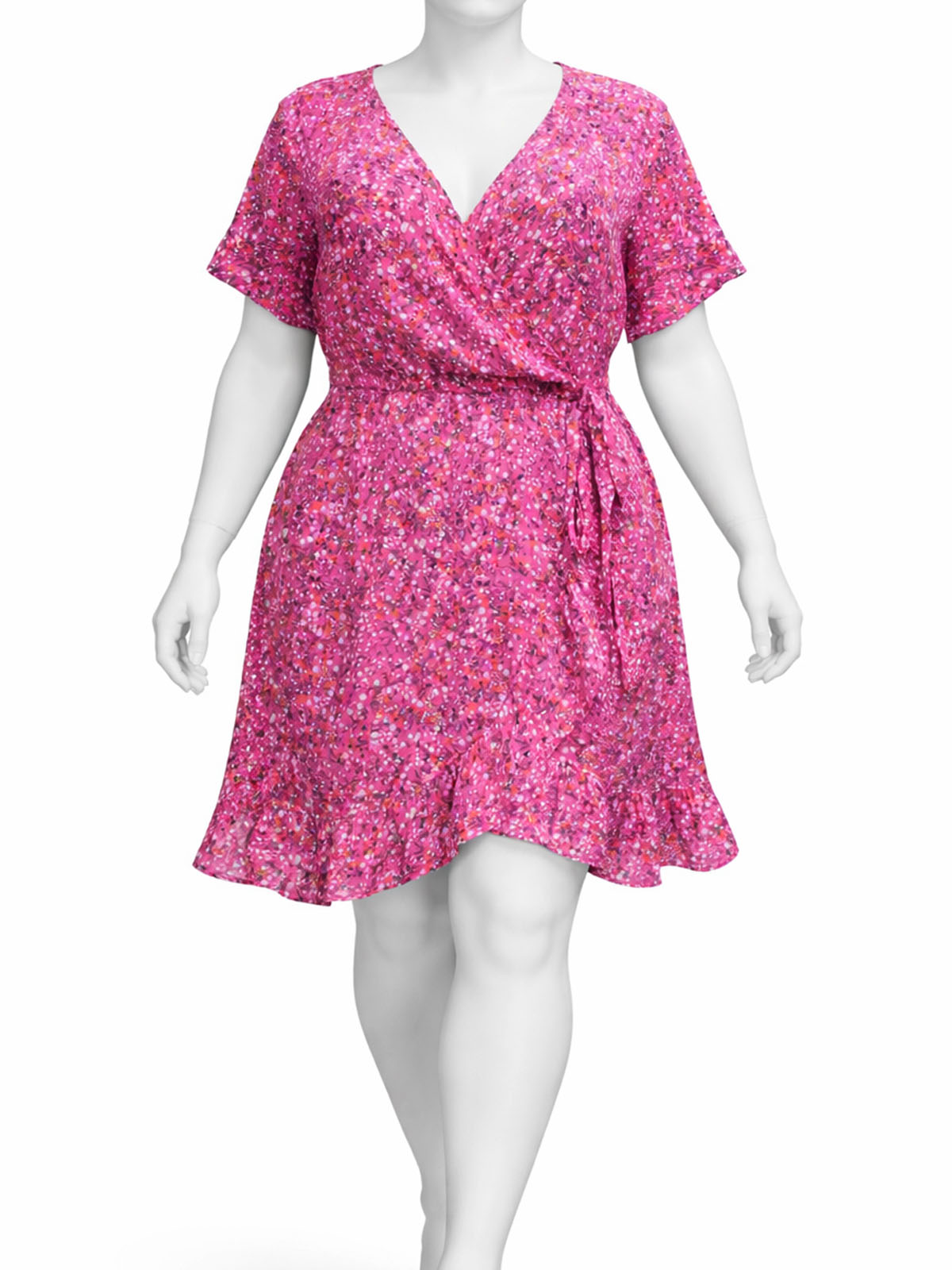 PINK Floral Print Ruffle Wrap Dress - Plus Size 18 to 28