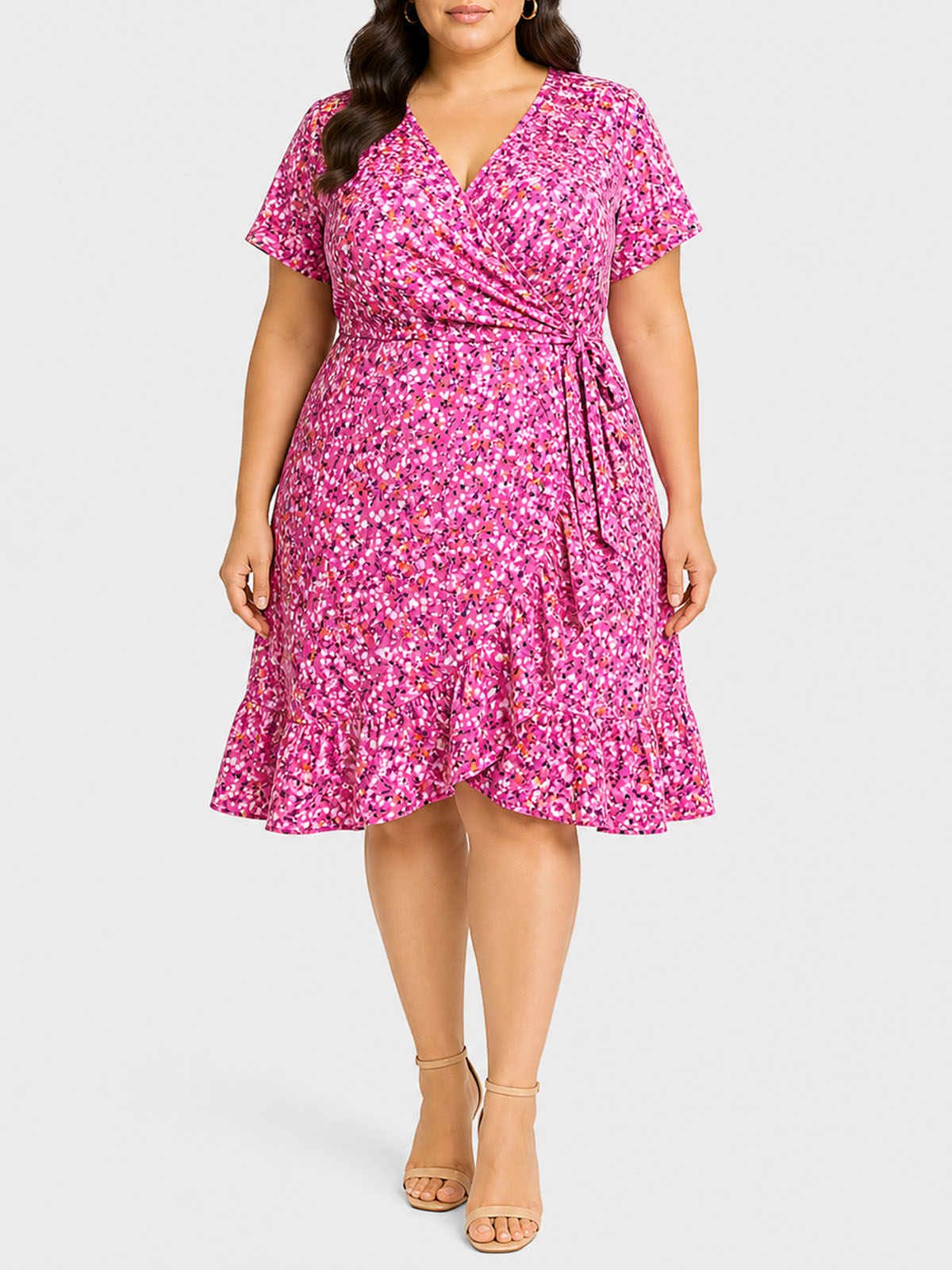 PINK Floral Print Ruffle Wrap Dress - Plus Size 20 to 28