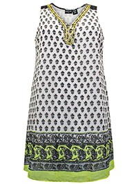 Jennifer Lauren IVORY Sleeveless Border Print Embellished Shift Dress - Plus Size 12 to 22 (US M to 3X)