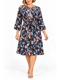 NAVY Oriental Floral Pleat Front Belted Dress - Size 10 to 20