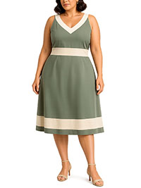 KHAKI Green Cotton Panelled Fit & Flare Dress - Plus Size 14 to 28 (US 12 to 26)