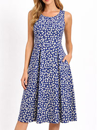 BLUE Pure Cotton Sleeveless Floral Print Pocket Swing Dress - Size 8 to 28/30 (US XS to 4X)