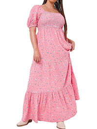 PINK Floral Print Shirred Short Sleeve Maxi Dress - Plus Size 18 to 22