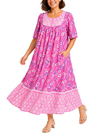 PINK Border Print Long Pocket Lounge Dress - Plus Size 28/30 to 40/42 (US 2X to 5X)