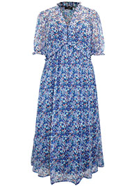 BLUE Printed Frill Detail Midi Tea Dress - Size 10 to 24