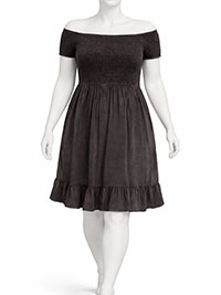 Curve BLACK Shirred Bodice Bardot Ruffle Hem Dress - Plus Size 16 to 18