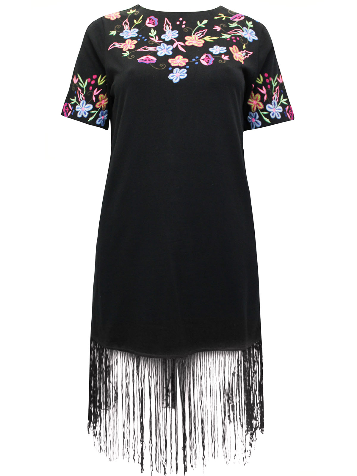 BLACK Floral Embroidered Fringe Hem Dress - Size 10 BLACK Floral Embroidered Fringe Hem Dress - Size 10