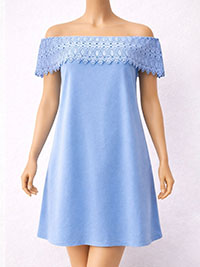 Soft BLUE Pure Cotton Crochet Bardot Dress - Size 8 to 14