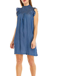 BLUE-DENIM Pure Cotton Shirred Frill Detail Denim Dress - Size 4/6 to 20/22 (US S to 2X)