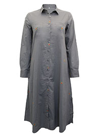 GREY Pure Cotton Rose Embroidered Midi Shirt Dress - Size 10 to 12