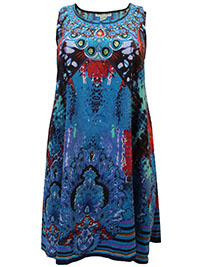 BLUE Sleeveless Printed Rhinestone Embellished Beach Dress - Plus Size 18/22 to 20/26