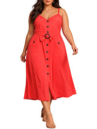 RED Button Through Sleeveless Belted Dress - Plus Size 16/18 to 24/26 (1X to 3X)