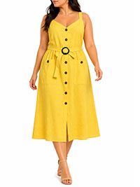 YELLOW Button Through Sleeveless Belted Dress - Plus Size 16/18 to 24/26 (1X to 3X)