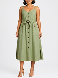 GREEN Button Through Belted Cotton Dress - Plus Size 16/18 to 24/26 (1X to 3X)