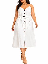 WHITE Button Through Sleeveless Belted Dress - Plus Size 16/18 to 24/26 (1X to 3X)
