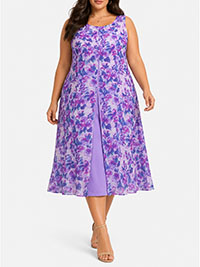 PURPLE Floral Print Sleeveless Split Detail Midi Dress - Plus Size 16 to 26