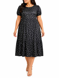 BLACK Floral Print Short Sleeve Tiered Midi Dress - Plus Size 18 to 24