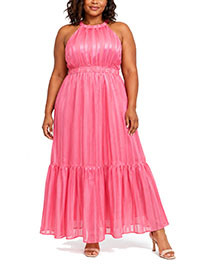 PINK Sorbet Halterneck Sateen Stripe Maxi Dress - Plus Size 20 to 30