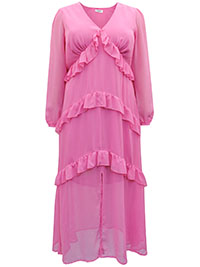 PINK Long Sleeve Frill Tiered Maxi Dress - Plus Size 22 to 30