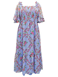 BLUE Floral Print Tiered Midi Dress - Plus Size 18 to 24