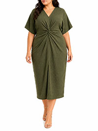 KHAKI Twist Front Textured Midi Dress - Plus Size 16 to 26