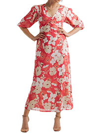 RED Floral Print Puff Sleeve Dress - Plus Size 14 to 32