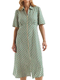 GREEN Geo Print Zip Front Shirt Dress - Plus Size 16 to 24