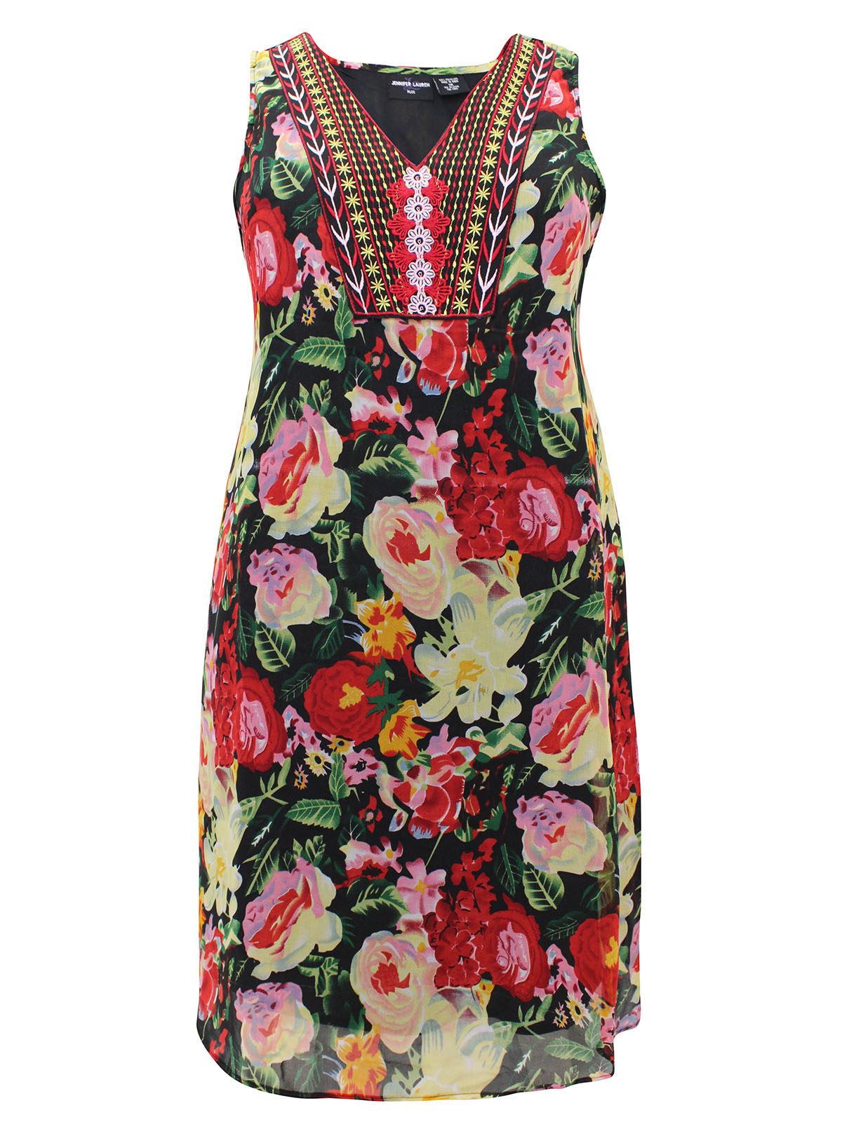 BLACK Sleeveless Floral Print Embroidered Shift Dress - Plus Size 14 to 22 (US L to 3X)
