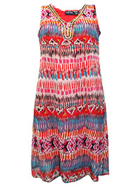 RED Sleeveless Tribal Print Embellished Shift Dress - Plus Size 12 to 22 (US M to 3X)