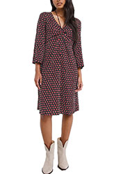 BLACK Geo Print Ruched Tie Neck A-Line Dress - Plus Size 30