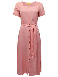 PEACH Linen Blend Button Through Belted Tea Dress - Size 6 to 16 (XS to XXL)