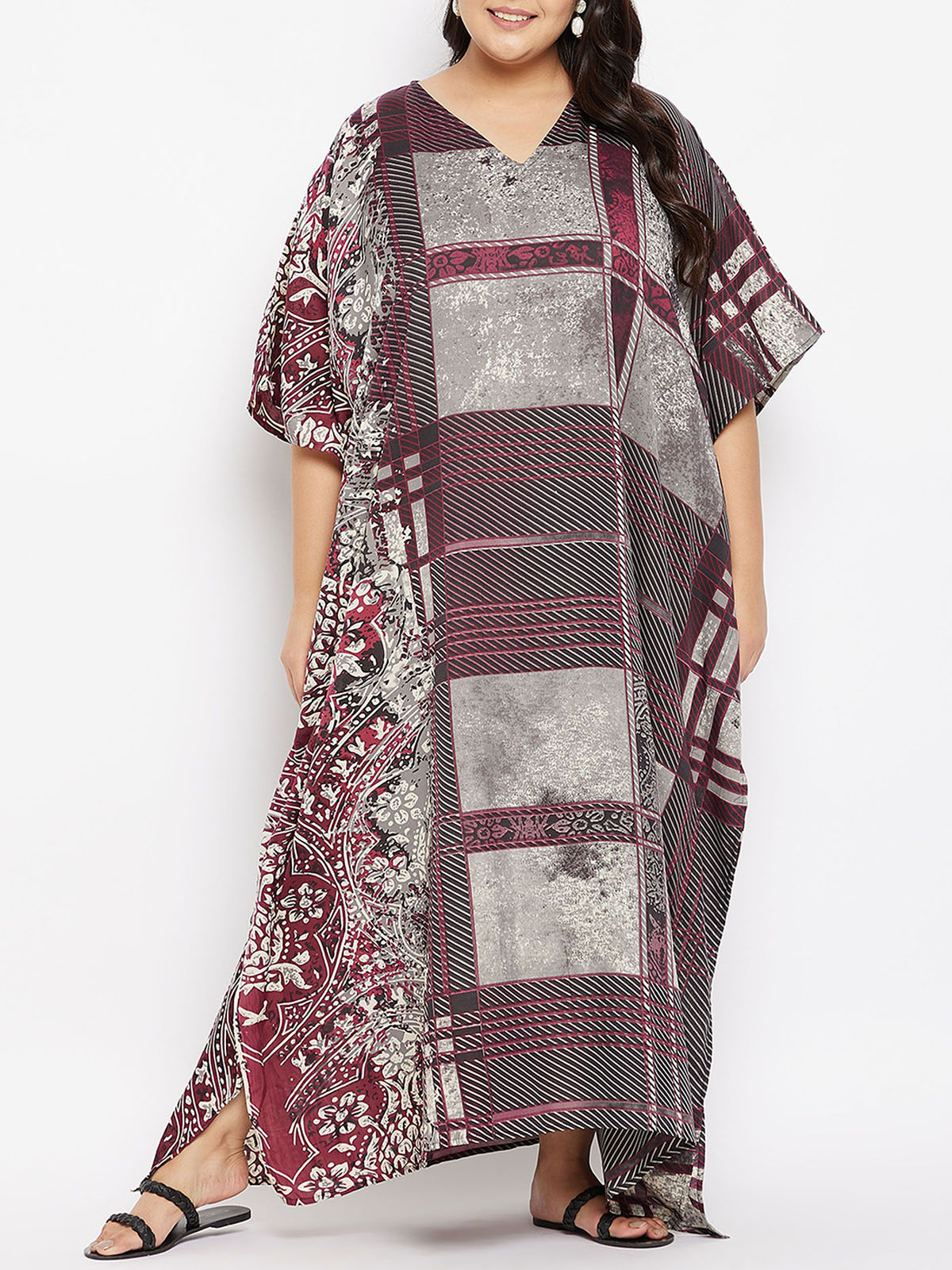 Plus Size Maroon Floral Kaftan for Women