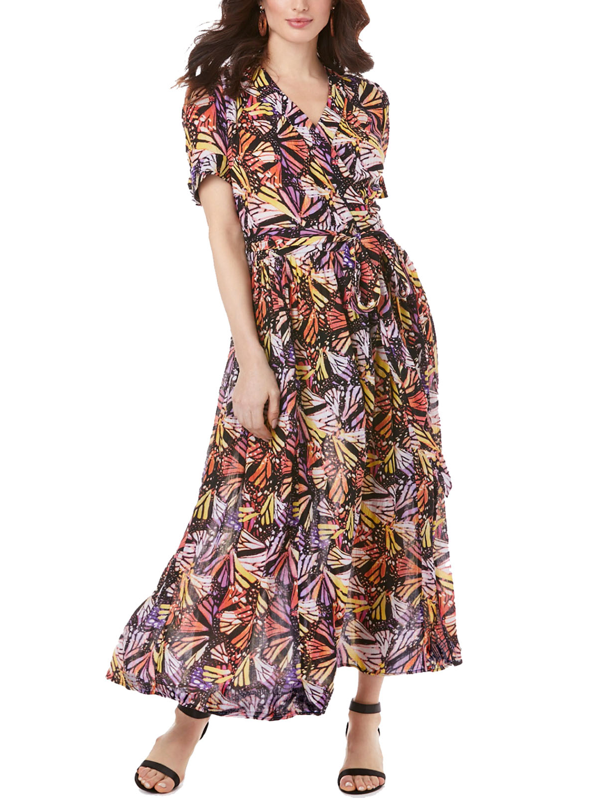 Roaman's - - BLACK Printed Short Sleeve Belted Maxi Dress - Plus Size 16/18  to 40/42 (US M to