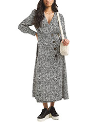 BLACK Mono Print Asymmetric Wrap Button Tea Dress - Plus Size 12 to 22