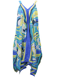 BLUE Sleeveless Abstract Print Hanky Hem Dress - Plus Size 12 to 18 (S to XL)