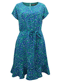 S/DAR GREEN Animal Print Ruffle Hem Belted Dress - Size 10 to 16