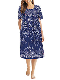 Evening Blue Vines Mixed Print Short Lounge Pocket Dress - Plus Size 16/18 to 40/42 (US M to 5X)