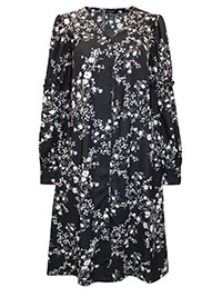 BLACK Mono Print Balloon Frill Sleeve Swing Dress - Size 10 to 20