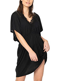 BLACK Crochet Trim Tie Back Beach Dress - Plus Size 12/14 to 16/18 (S/M to L/XL)