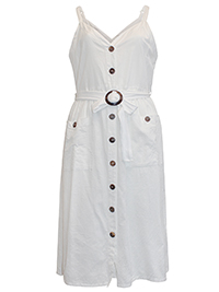 WHITE Button Through Sleeveless Belted Dress - Plus Size 16/18 to 24/26 (1X to 3X)