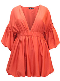 RUST Volume Sleeve Puffball Hem Dress - Plus Size 16 to 30