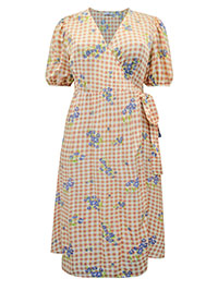 ORANGE Gingham Floral Wrap Midi Dress - Plus Size 14 to 24